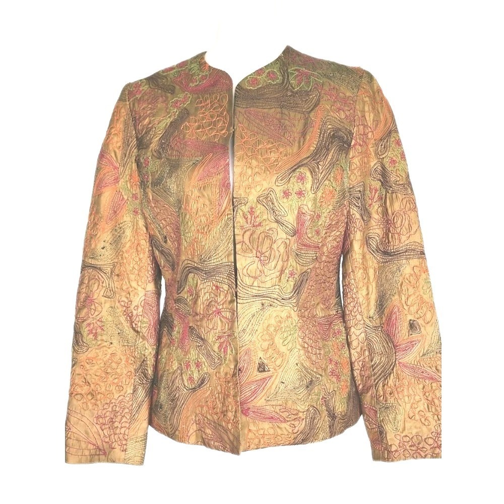Chico's Jacket Blazer Womens 0 (4) Olive Bronze Floral Embroidered‎ Sheen Fall